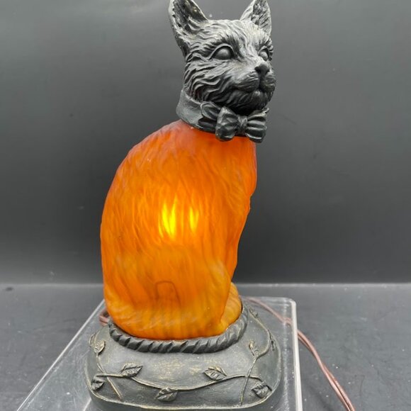 Metal and Amber Tortoise Shell Glass Sitting Cat with Bow Tie Accent Lamp Works - Picture 1 of 9